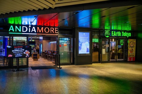 Italian pizzeria AndiaMore, Earth Tokyo, ramen, fast food, fast food chain, logo, restaurant, neon