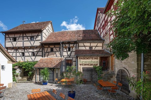 Burggasthaus in the historic fortified church, Hüttenheim, Lower Franconia, Bavaria, Germany