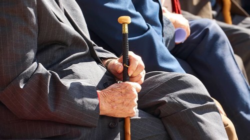 Survivors of the massacre of 3 June 1941, close-up of an elderly person holding a walking stick,