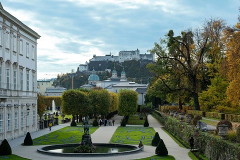 Mirabell Garden with view of old town and fortress, Mirabell Palace, Salzburg, Salzburg state,