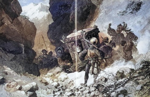 Emperor Charles V fleeing from Moritz of Saxony, coloured wood engraving, reproduction from a model