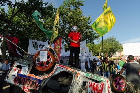 Flags depicting a portraits of Abdullah Ocalan founding member of the militant Kurdistan Workers'