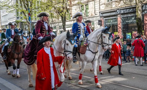 Riders in the procession of historically costumed guild members, Hard guild, Sechseläuten or