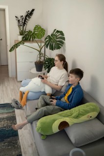 Siblings immerse in video game fun on a comfortable couch in a stylish living room, surrounded by