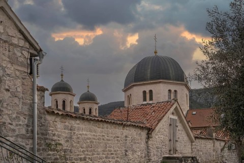 Serbian Orthodox Church of St Nicholas, seen from the city wall, Kotor, Montenegro, Balkans