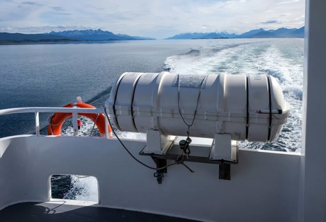 Ushuaia, Tierra del Fuego, Argentina, life raft on an excursion boat in the Beagle Channel