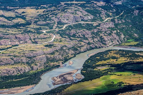 River Rio Ibanez, road Carretera Austral, seen from hiking trail to lagoon at Cerro Castillo, near