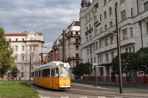 Budapest, Hungary. October 1st 2023 The number 23 tram running between Jaszai Mari ter and Keleti