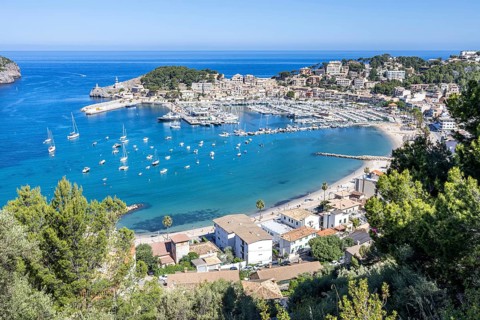 Port de Soller in Majorca from above Seaside Beach Marina with boats Trip in Spain
