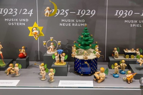 Historic angel figurines in the Wendt & Kühn world in Grünhainichen, Erzgebirge, Saxony, Germany