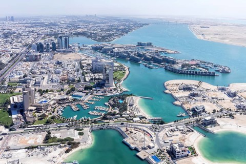 Abu Dhabi city skyline from above in Abu Dhabi, United Arab Emirates
