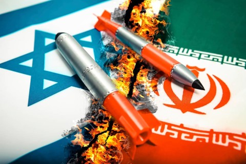 Rockets flying the flags of Israel and Iran with cracks and flames, Israel-Iran war, photo montage
