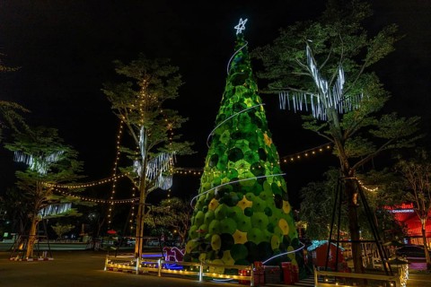 Illuminated Christmas tree made of green and yellow umbrellas, Chiang Mai, Thailand