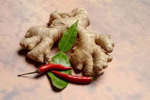 Ginger, ginger root with kaffir lime leaf and chili pepper