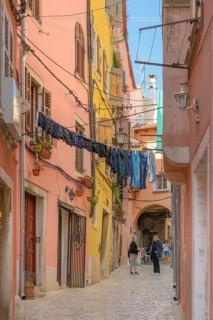 Laundry hangs on a clothesline to dry in the old town, Rovinj, Istria, Croatia