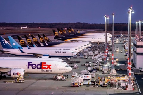 Cologne-Bonn airport, CGN, air freight center, UPS Logisic Hub, UPS cargo aircraft on the apron,