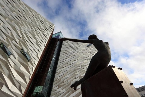 Titanica sculpture by Rowan Gillespie in front of the building, Titanic Museum in Belfast, Northern