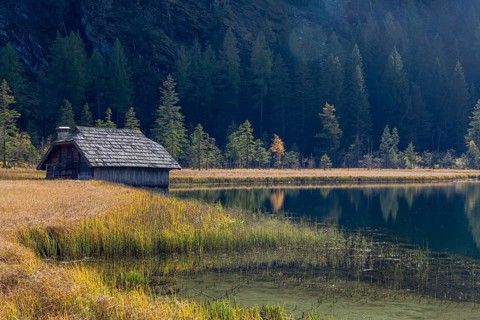 Boatshelter at Lake Stappitz in first morning light, Seebach valley, Mallnitz, Carinthia, Austria