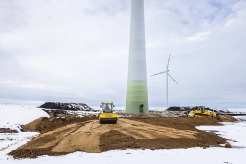 Construction site of a wind farm, preparation of the crane site and the foundation for a wind