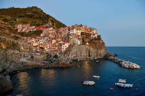Fishing village of Manarola, blue hour, district of Riomaggiore, Cinque Terre, province of La