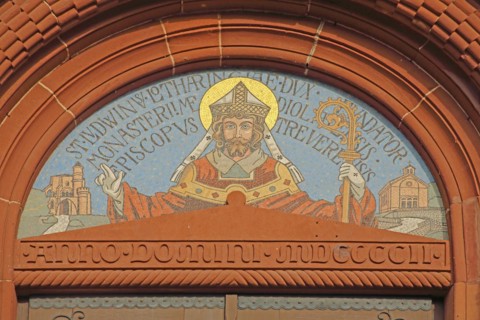 Tympanum with wall mosaic of St Lutwinus with crosier and mitre at St Lutwinus Church, year, Roman