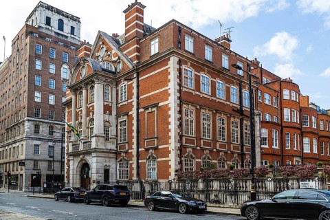 The red brick and terracotta facade of the Brazilian ambassador's residence at 54 Mount Street,