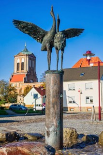 Crane fountain on the market square, Gartz Oder, Brandenburg, Germany