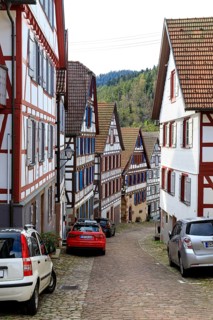 Historic half-timbered houses on Schlossbergstraße in the old town centre of Schiltach, Black