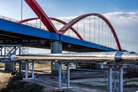 Iqony district heating pipes at the city port, crosses the Rhine-Herne Canal in Essen, A42 motorway