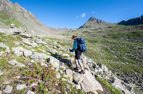 Mountaineer on hiking trail, Lasörling Höhenweg, Venediger Group, Hohe Tauern National Park, East