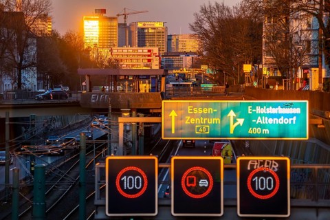 The skyline of Essen city centre, A40 motorway, Ruhr Expressway, North Rhine-Westphalia, Germany