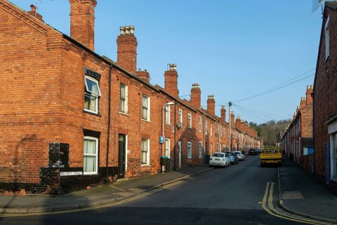 Victorian terraced housing with no front gardens, Belmont Street, inner city of Lincoln,