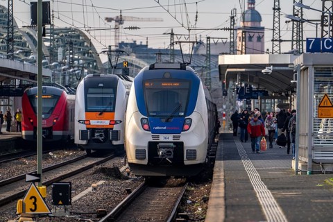 Regional trains at Cologne-Messe/Deutz station, 2nd largest station in Cologne, transfer station