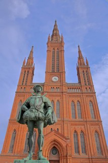 Neo-Gothic market church with statue of William I Prince of Orange and Count of Nassau 1533-1584,