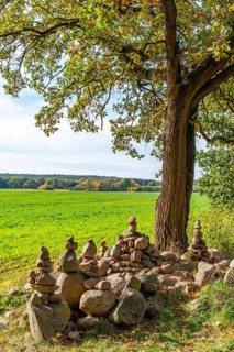 Stone pyramids by the wayside, International Art Trail, Hoher Fläming nature park Park,
