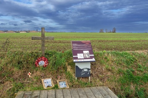 World War One Khaki Chums Cross monument to WWI Christmas Truce German, British football match