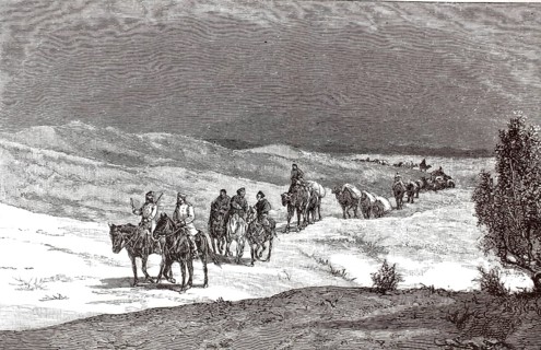 Travelers and camels crossing a barren desert landscape, depicting the Taklamakan Desert in