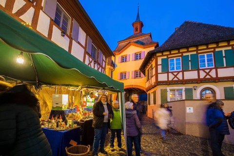 Christmas market, blue hour, Burkheim, Vogtsburg, Kaiserstuhl, Baden-Württemberg, Germany