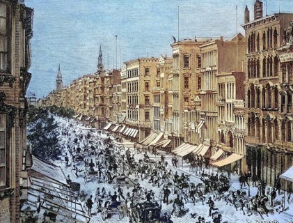 New York Broadway in 1880, America, coloured wood engraving, reproduction from a model from ca