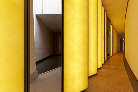 Fondation Louis Vuitton private museum, installation Inside he Horizon by Olafur Eliasson, yellow