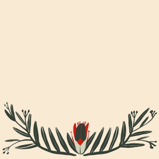 A simplistic and elegant artistic illustration featuring an abstract red flower surrounded by green