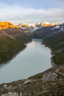 Picturesque mountain landscape at the summit Mont de la Blana at sunset, view of blue mountain