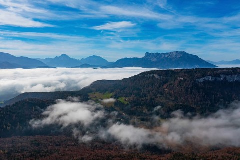 View from Schwarzenberg to a sea of fog with Salzach valley with Watzmann and Untersberg, Osterhorn