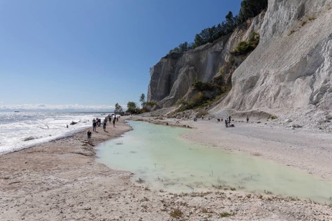 Crowds of tourists walk along the pebble beach beneath the towering white chalk cliffs. The