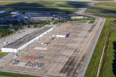 Aerial view FedEx Cargo cargo area with aircraft Orlando Airport, USA