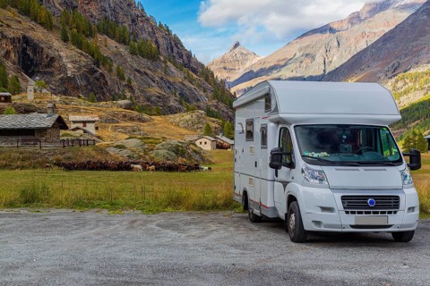 Camping car on a parking lot at Pont, Valsavarenche, Aosta Valley, Grand-Paradis Mountain Community