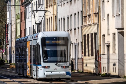 Bochumer Straße in Bochum, residential street in the city district of Mitte, Bogestra, tram line,