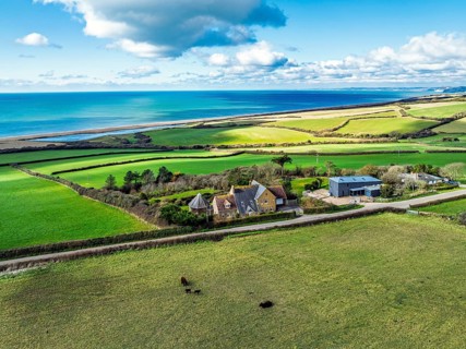 Farms over Swyre and West Bexington from a drone, West Bexington Nature Reserve, S W Coast Path,