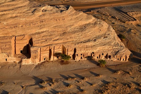 Nabataean Tombs at the Rock Qasr Al-Bint, Blue Hour, Hegra or Mada'in Salih, AlUla Region, Medina
