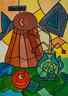 This artwork displays an abstract still life featuring a unique brown object resembling a pot. It